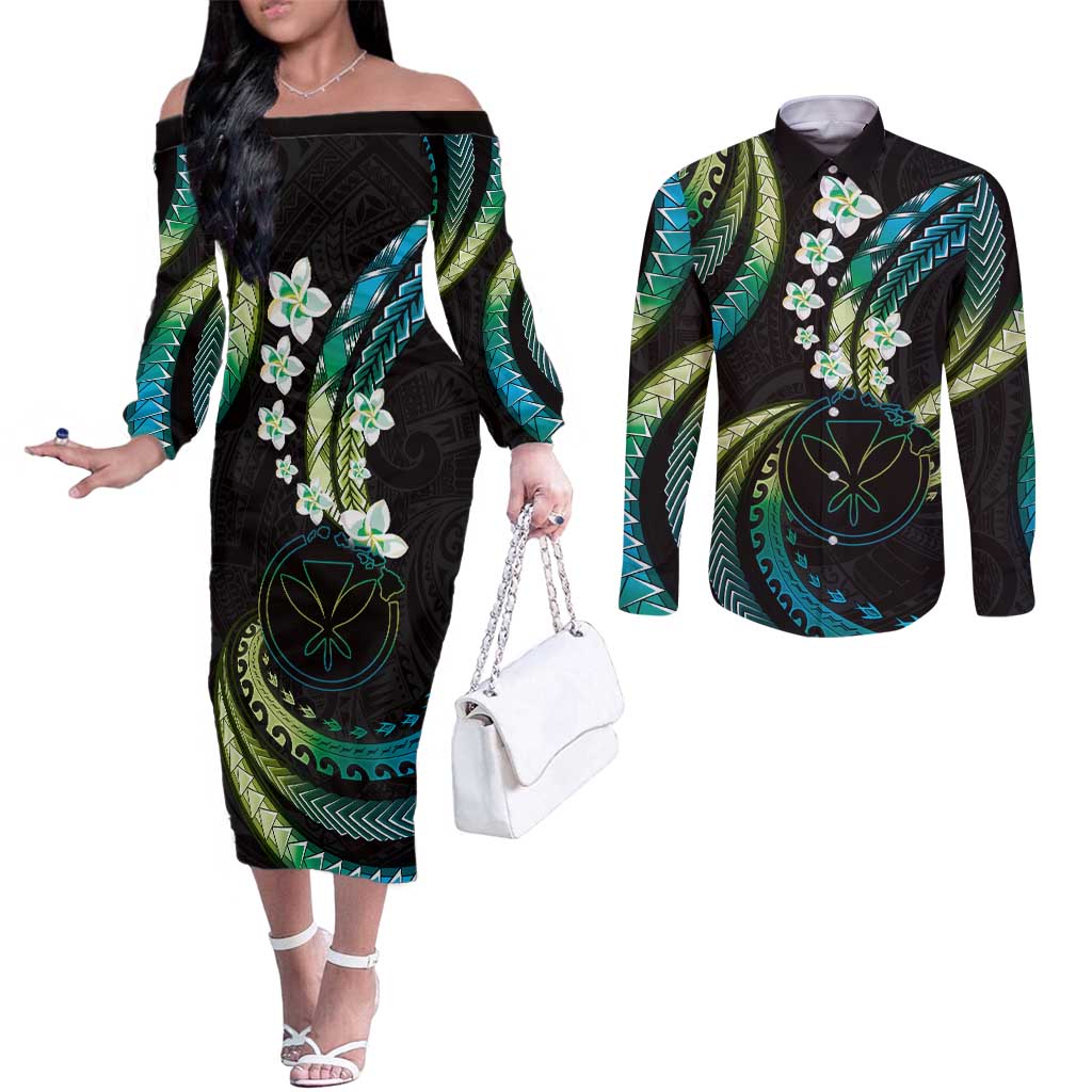 Hawaii Map Kanaka Maoli Couples Matching Off The Shoulder Long Sleeve Dress and Long Sleeve Button Shirt Fantastic Frangipani Chartreuse Cyan