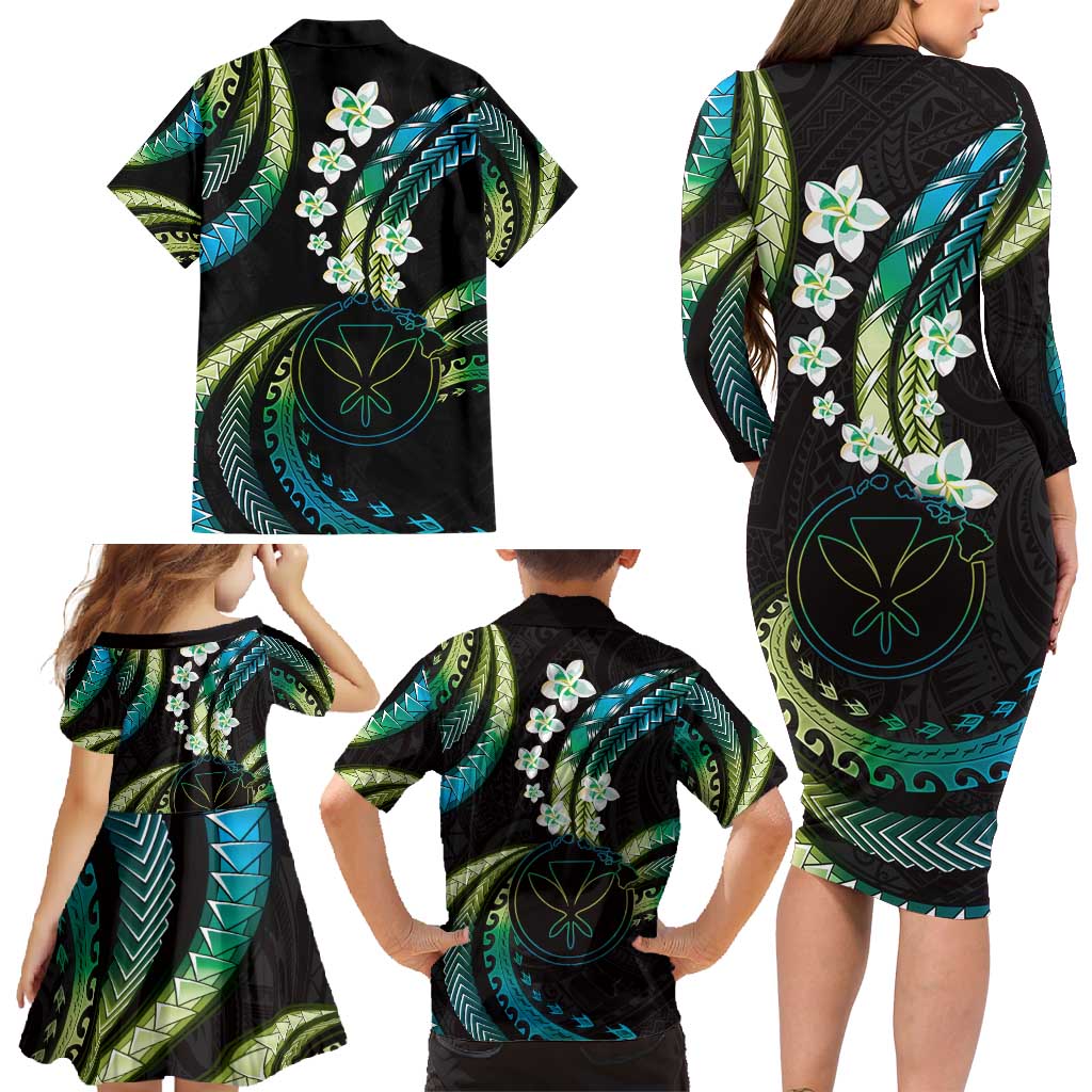 Hawaii Map Kanaka Maoli Family Matching Long Sleeve Bodycon Dress and Hawaiian Shirt Fantastic Frangipani Chartreuse Cyan