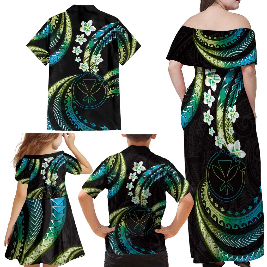 Hawaii Map Kanaka Maoli Family Matching Off Shoulder Maxi Dress and Hawaiian Shirt Fantastic Frangipani Chartreuse Cyan