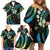 Hawaii Map Kanaka Maoli Family Matching Off Shoulder Short Dress and Hawaiian Shirt Fantastic Frangipani Chartreuse Cyan