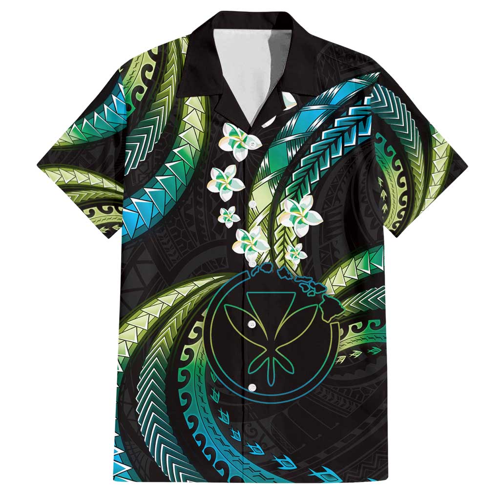 Hawaii Map Kanaka Maoli Family Matching Off Shoulder Short Dress and Hawaiian Shirt Fantastic Frangipani Chartreuse Cyan