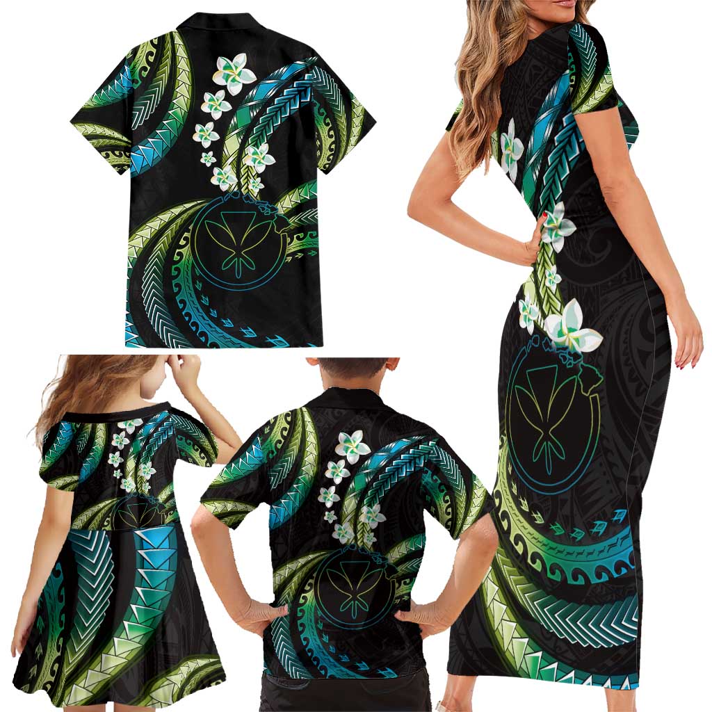 Hawaii Map Kanaka Maoli Family Matching Short Sleeve Bodycon Dress and Hawaiian Shirt Fantastic Frangipani Chartreuse Cyan