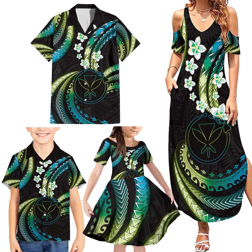 Hawaii Map Kanaka Maoli Family Matching Summer Maxi Dress and Hawaiian Shirt Fantastic Frangipani Chartreuse Cyan