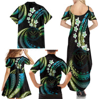 Hawaii Map Kanaka Maoli Family Matching Summer Maxi Dress and Hawaiian Shirt Fantastic Frangipani Chartreuse Cyan