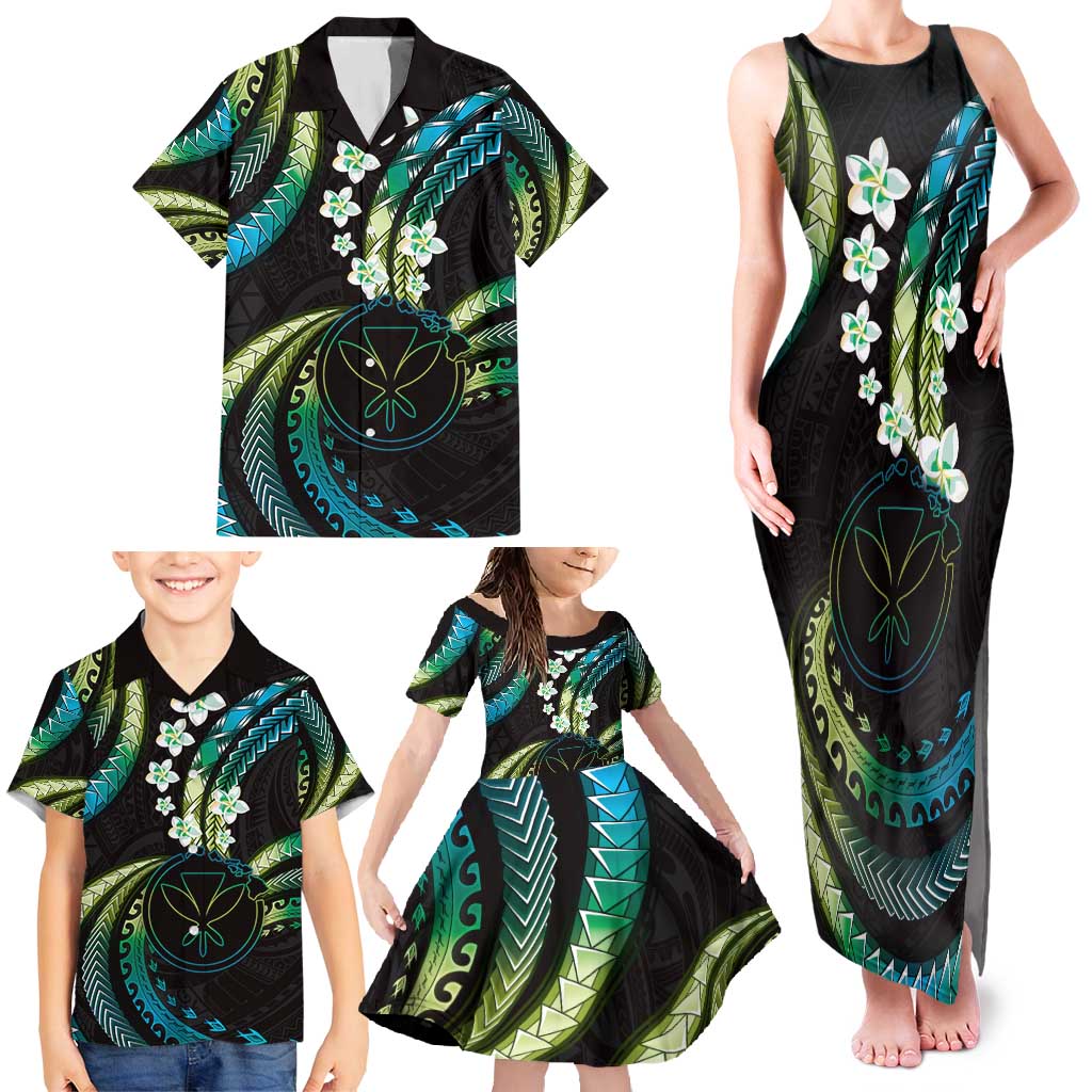 Hawaii Map Kanaka Maoli Family Matching Tank Maxi Dress and Hawaiian Shirt Fantastic Frangipani Chartreuse Cyan