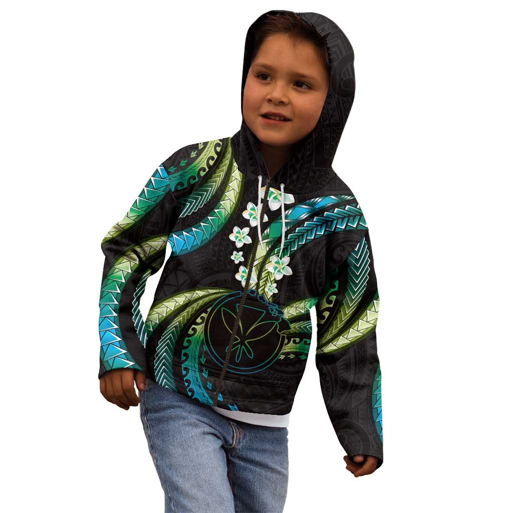 Hawaii Map Kanaka Maoli Kid Hoodie Fantastic Frangipani Chartreuse Cyan