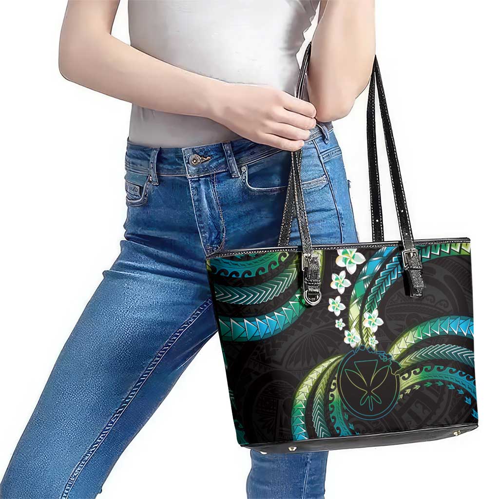 Hawaii Map Kanaka Maoli Leather Tote Bag Fantastic Frangipani Chartreuse Cyan