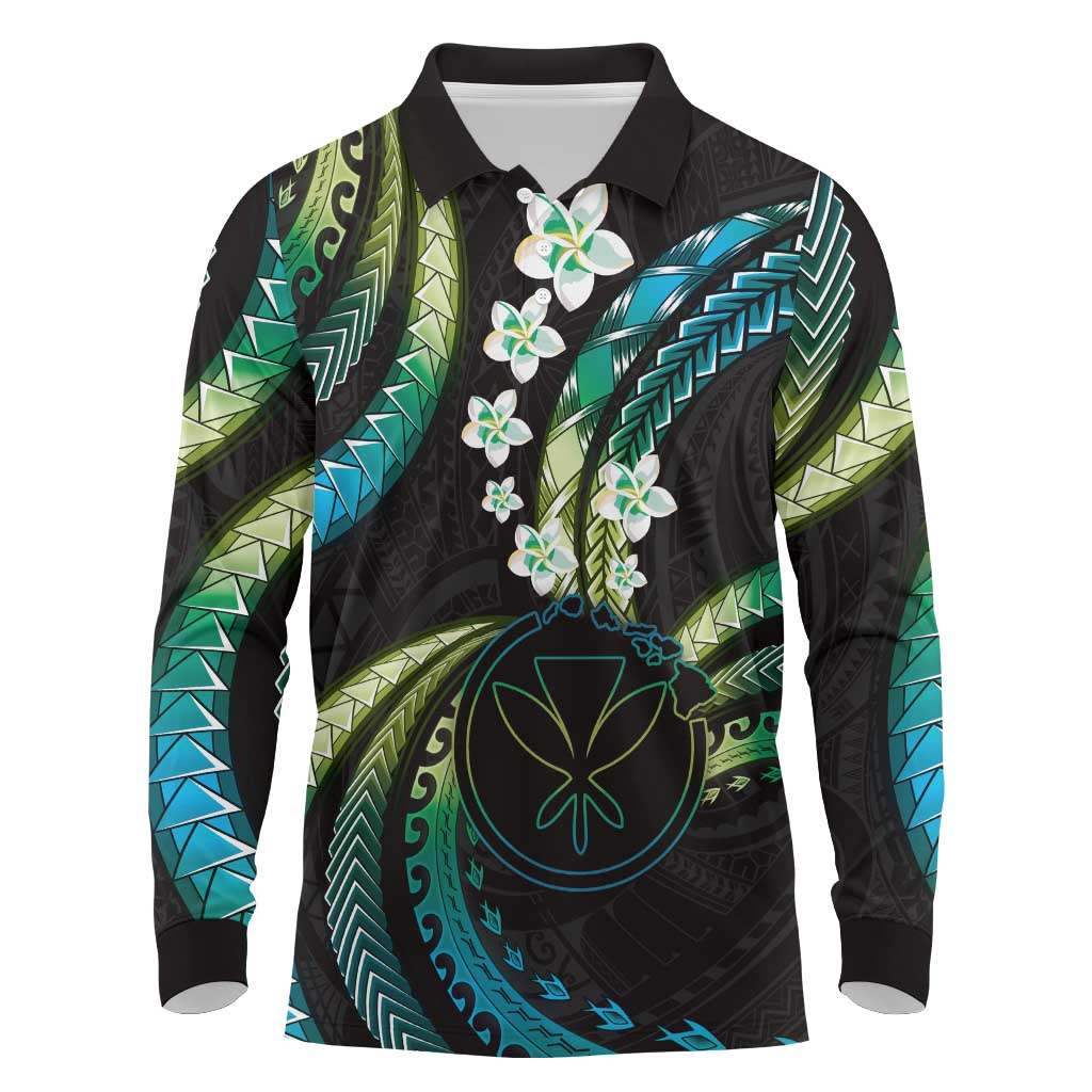 Hawaii Map Kanaka Maoli Long Sleeve Polo Shirt Fantastic Frangipani Chartreuse Cyan