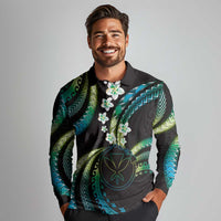 Hawaii Map Kanaka Maoli Long Sleeve Polo Shirt Fantastic Frangipani Chartreuse Cyan