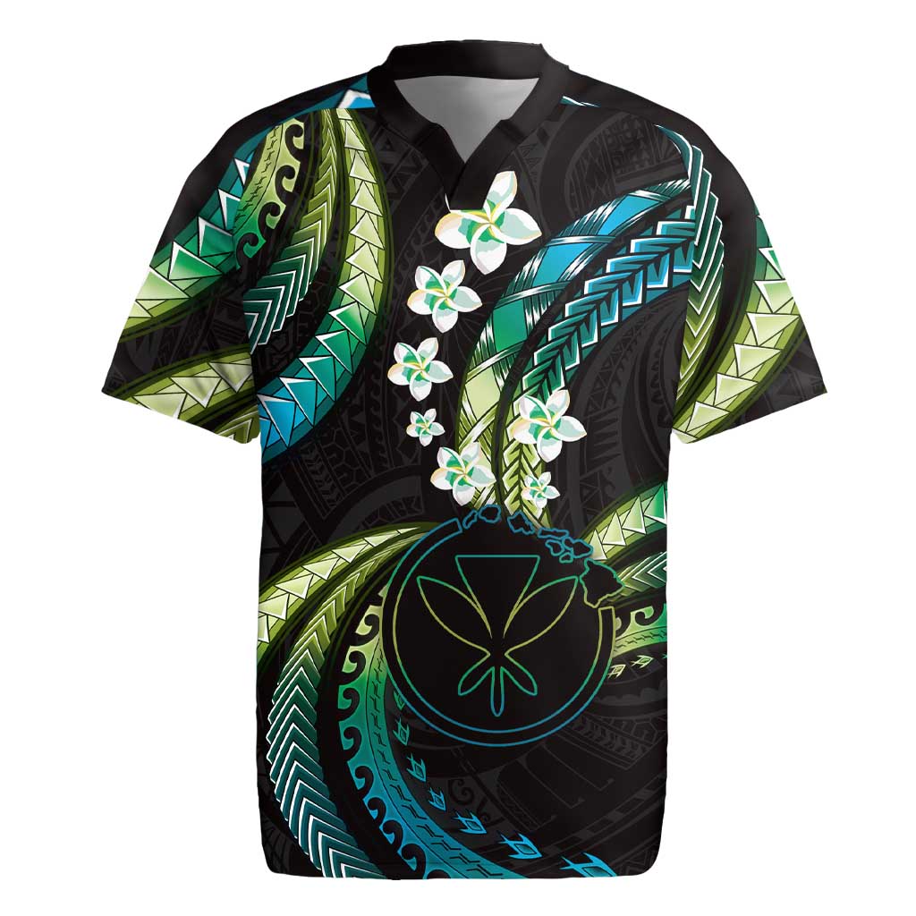 Hawaii Map Kanaka Maoli Rugby Jersey Fantastic Frangipani Chartreuse Cyan