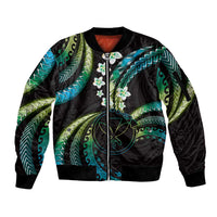 Hawaii Map Kanaka Maoli Sleeve Zip Bomber Jacket Fantastic Frangipani Chartreuse Cyan