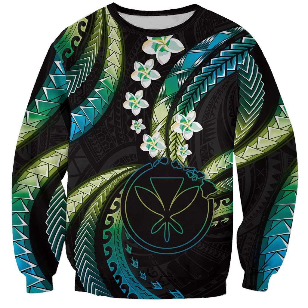 Hawaii Map Kanaka Maoli Sweatshirt Fantastic Frangipani Chartreuse Cyan