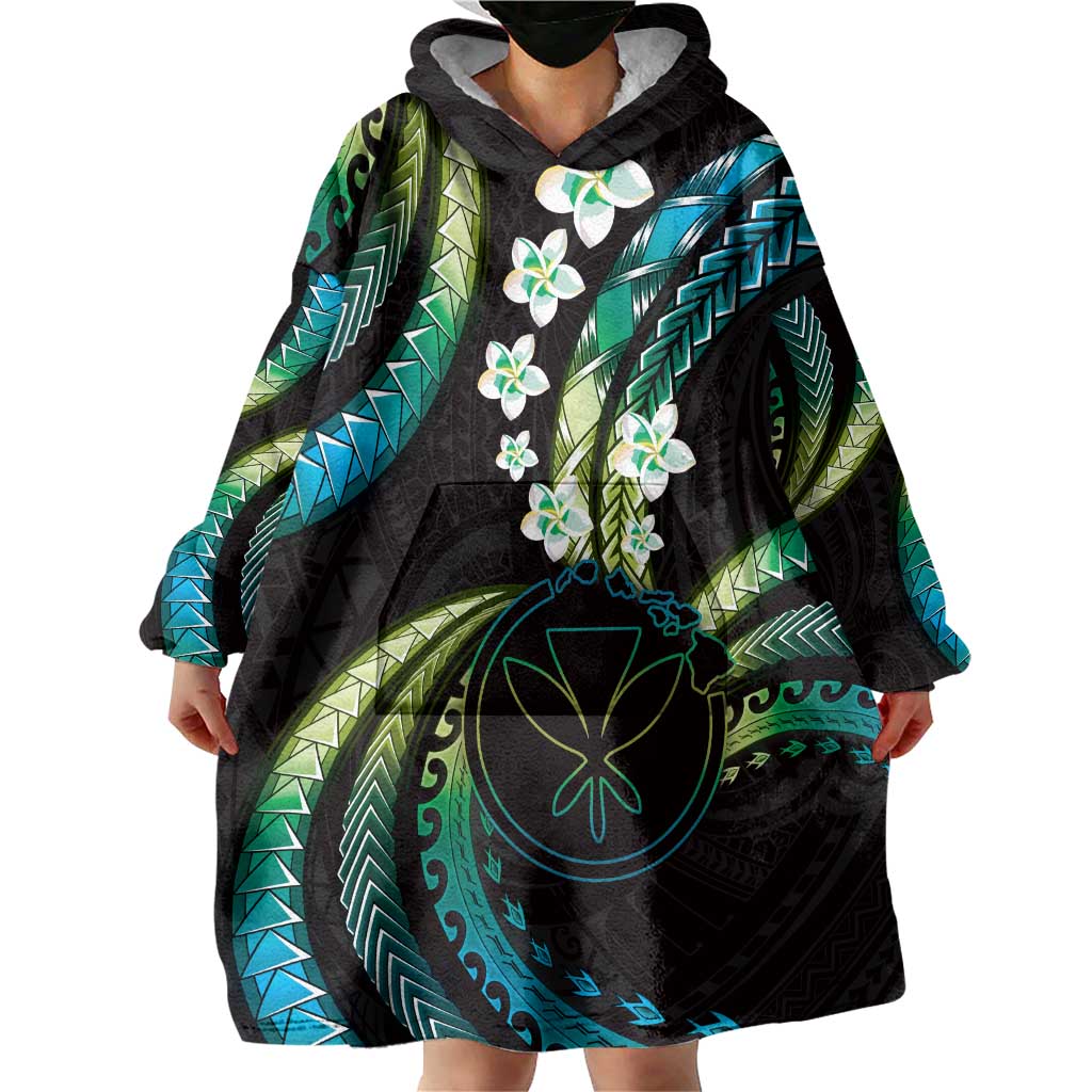 Hawaii Map Kanaka Maoli Wearable Blanket Hoodie Fantastic Frangipani Chartreuse Cyan