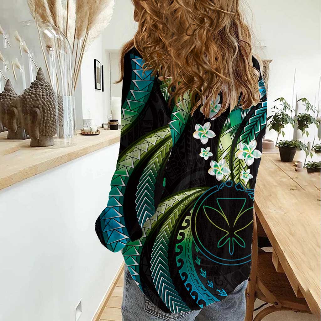 Hawaii Map Kanaka Maoli Women Casual Shirt Fantastic Frangipani Chartreuse Cyan