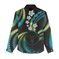 Hawaii Map Kanaka Maoli Women Casual Shirt Fantastic Frangipani Chartreuse Cyan