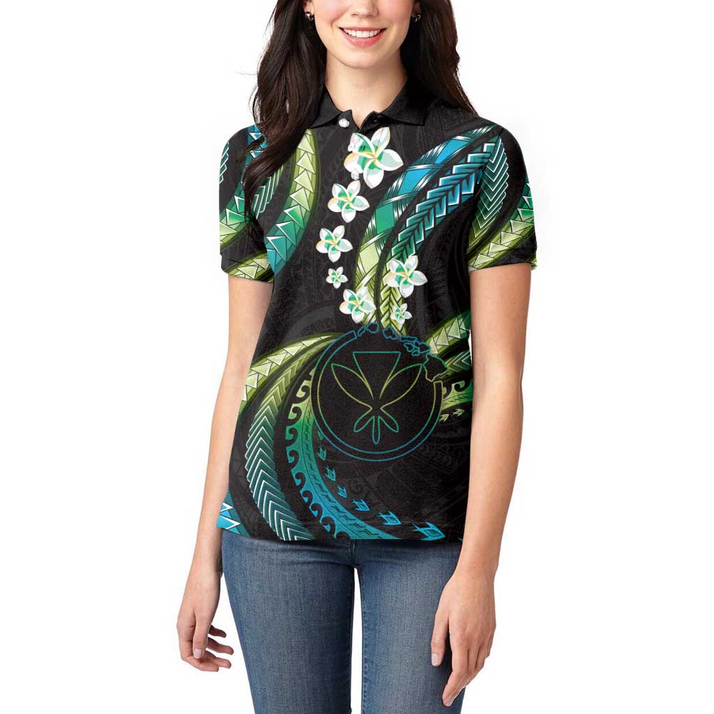 Hawaii Map Kanaka Maoli Women Polo Shirt Fantastic Frangipani Chartreuse Cyan