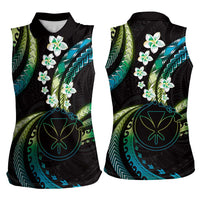 Hawaii Map Kanaka Maoli Women Sleeveless Polo Shirt Fantastic Frangipani Chartreuse Cyan
