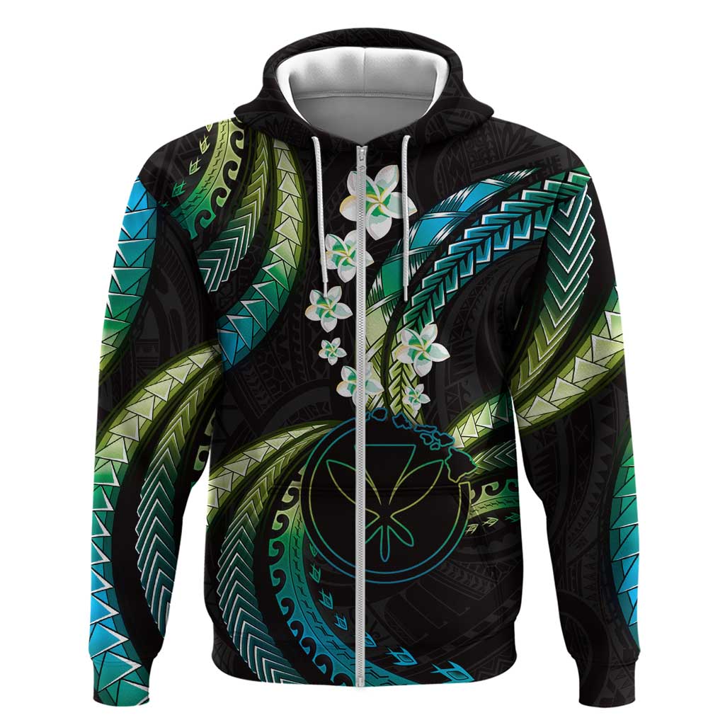 Hawaii Map Kanaka Maoli Zip Hoodie Fantastic Frangipani Chartreuse Cyan