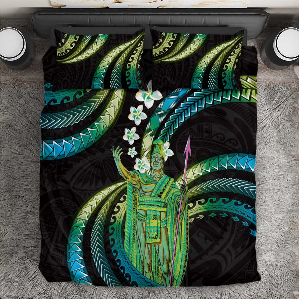 Hawaii King Kamehameha Bedding Set Fantastic Plumeria Chartreuse Cyan