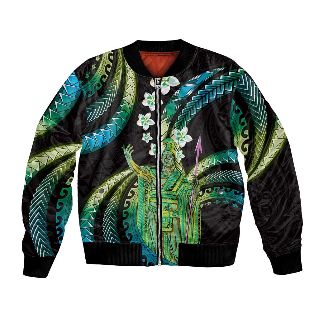 Hawaii King Kamehameha Bomber Jacket Fantastic Plumeria Chartreuse Cyan