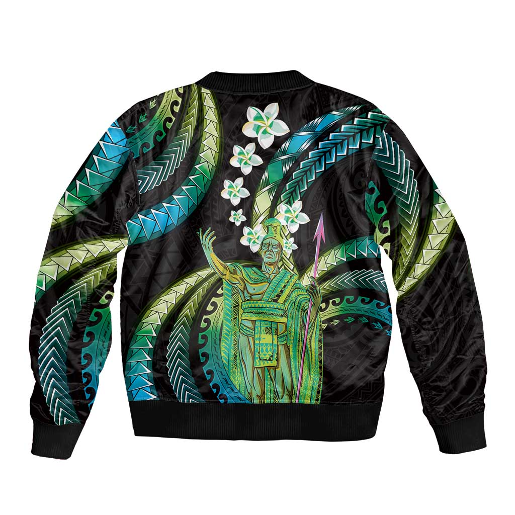 Hawaii King Kamehameha Bomber Jacket Fantastic Plumeria Chartreuse Cyan