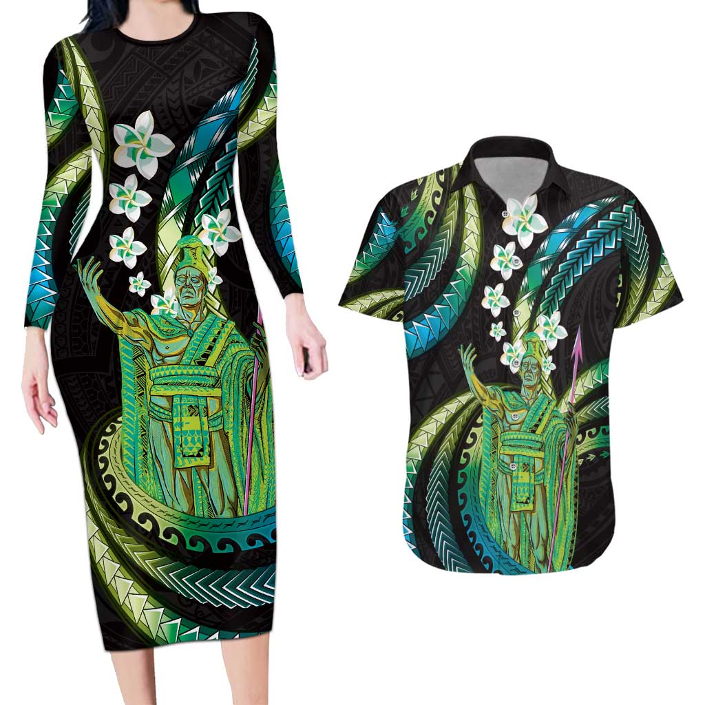 Hawaii King Kamehameha Couples Matching Long Sleeve Bodycon Dress and Hawaiian Shirt Fantastic Plumeria Chartreuse Cyan