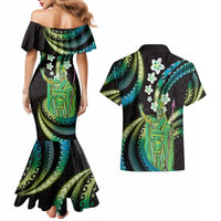 Hawaii King Kamehameha Couples Matching Mermaid Dress and Hawaiian Shirt Fantastic Plumeria Chartreuse Cyan