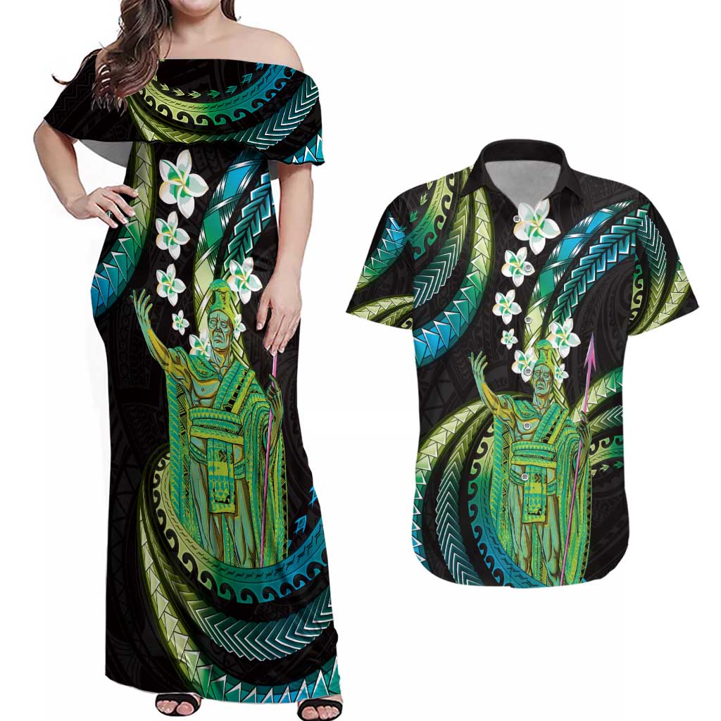 Hawaii King Kamehameha Couples Matching Off Shoulder Maxi Dress and Hawaiian Shirt Fantastic Plumeria Chartreuse Cyan