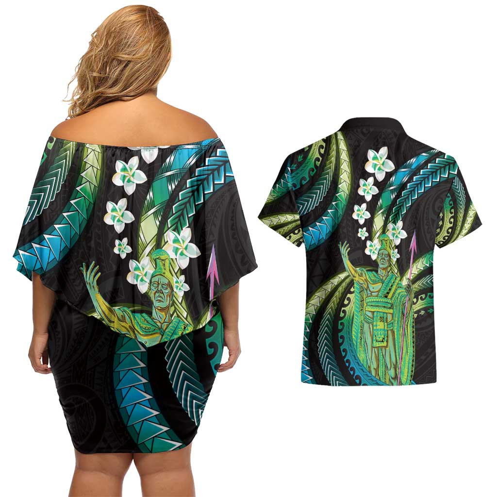 Hawaii King Kamehameha Couples Matching Off Shoulder Short Dress and Hawaiian Shirt Fantastic Plumeria Chartreuse Cyan