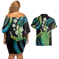 Hawaii King Kamehameha Couples Matching Off Shoulder Short Dress and Hawaiian Shirt Fantastic Plumeria Chartreuse Cyan