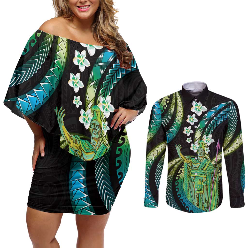 Hawaii King Kamehameha Couples Matching Off Shoulder Short Dress and Long Sleeve Button Shirt Fantastic Plumeria Chartreuse Cyan