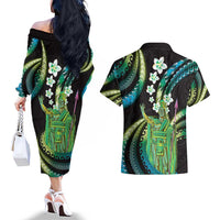 Hawaii King Kamehameha Couples Matching Off The Shoulder Long Sleeve Dress and Hawaiian Shirt Fantastic Plumeria Chartreuse Cyan