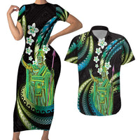 Hawaii King Kamehameha Couples Matching Short Sleeve Bodycon Dress and Hawaiian Shirt Fantastic Plumeria Chartreuse Cyan