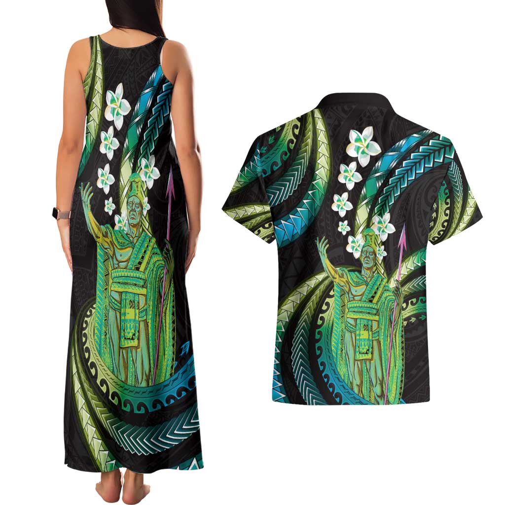 Hawaii King Kamehameha Couples Matching Tank Maxi Dress and Hawaiian Shirt Fantastic Plumeria Chartreuse Cyan