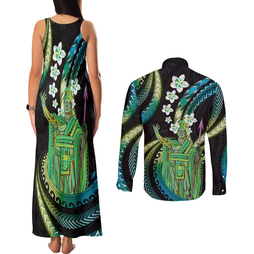 Hawaii King Kamehameha Couples Matching Tank Maxi Dress and Long Sleeve Button Shirt Fantastic Plumeria Chartreuse Cyan