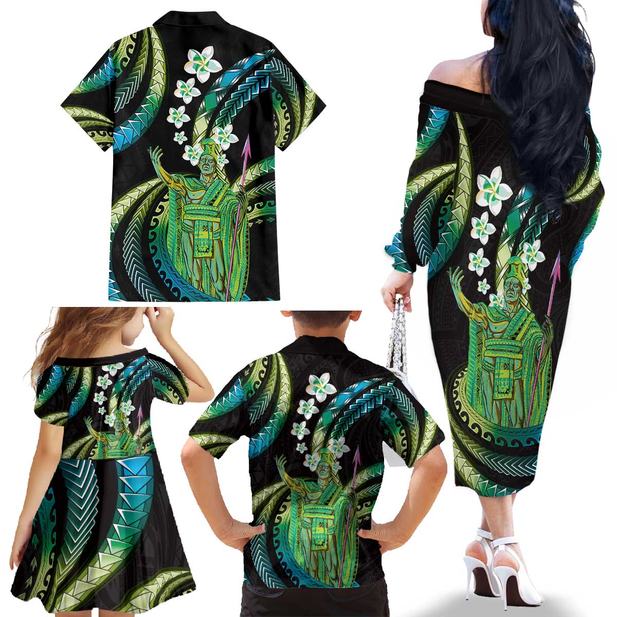 Hawaii King Kamehameha Family Matching Off The Shoulder Long Sleeve Dress and Hawaiian Shirt Fantastic Plumeria Chartreuse Cyan