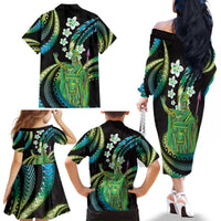 Hawaii King Kamehameha Family Matching Off The Shoulder Long Sleeve Dress and Hawaiian Shirt Fantastic Plumeria Chartreuse Cyan