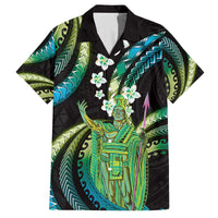 Hawaii King Kamehameha Family Matching Off The Shoulder Long Sleeve Dress and Hawaiian Shirt Fantastic Plumeria Chartreuse Cyan