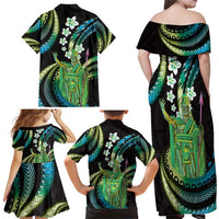 Hawaii King Kamehameha Family Matching Off Shoulder Maxi Dress and Hawaiian Shirt Fantastic Plumeria Chartreuse Cyan LT01 - Polynesian Pride