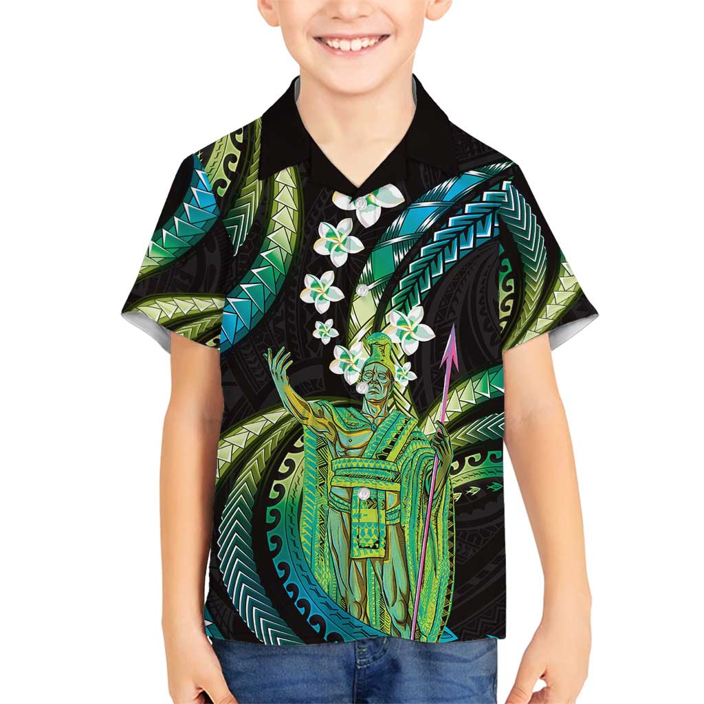 Hawaii King Kamehameha Family Matching Off Shoulder Maxi Dress and Hawaiian Shirt Fantastic Plumeria Chartreuse Cyan LT01 Son's Shirt Cyan - Polynesian Pride