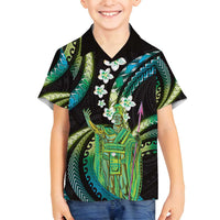 Hawaii King Kamehameha Family Matching Off Shoulder Maxi Dress and Hawaiian Shirt Fantastic Plumeria Chartreuse Cyan LT01 Son's Shirt Cyan - Polynesian Pride