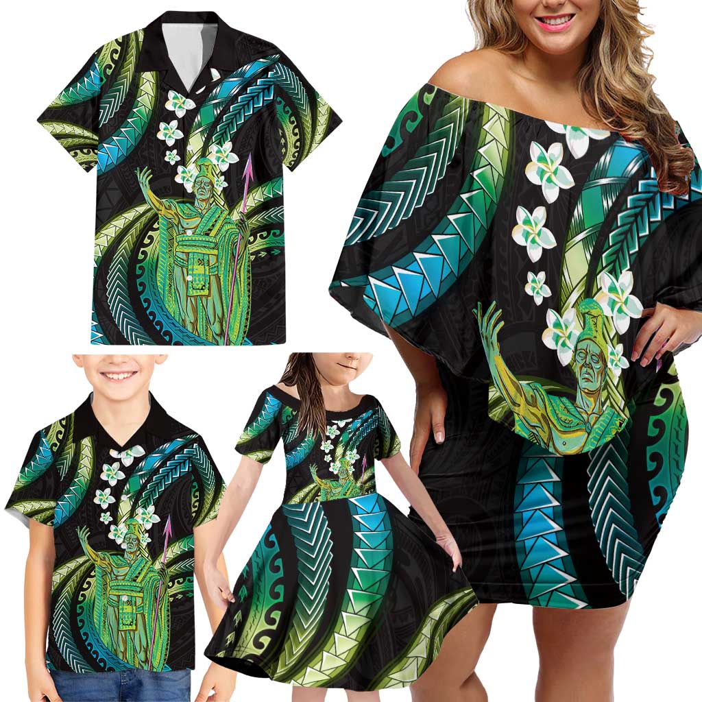 Hawaii King Kamehameha Family Matching Off Shoulder Short Dress and Hawaiian Shirt Fantastic Plumeria Chartreuse Cyan LT01 - Polynesian Pride