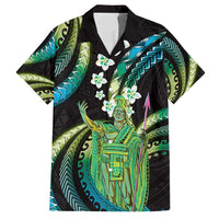 Hawaii King Kamehameha Family Matching Off Shoulder Short Dress and Hawaiian Shirt Fantastic Plumeria Chartreuse Cyan LT01 Dad's Shirt - Short Sleeve Cyan - Polynesian Pride