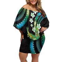 Hawaii King Kamehameha Family Matching Off Shoulder Short Dress and Hawaiian Shirt Fantastic Plumeria Chartreuse Cyan LT01 Mom's Dress Cyan - Polynesian Pride