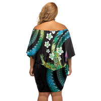Hawaii King Kamehameha Family Matching Off Shoulder Short Dress and Hawaiian Shirt Fantastic Plumeria Chartreuse Cyan LT01 - Polynesian Pride