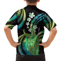 Hawaii King Kamehameha Family Matching Puletasi and Hawaiian Shirt Fantastic Plumeria Chartreuse Cyan