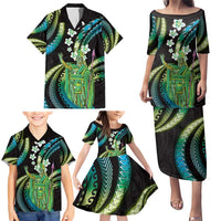 Hawaii King Kamehameha Family Matching Puletasi and Hawaiian Shirt Fantastic Plumeria Chartreuse Cyan