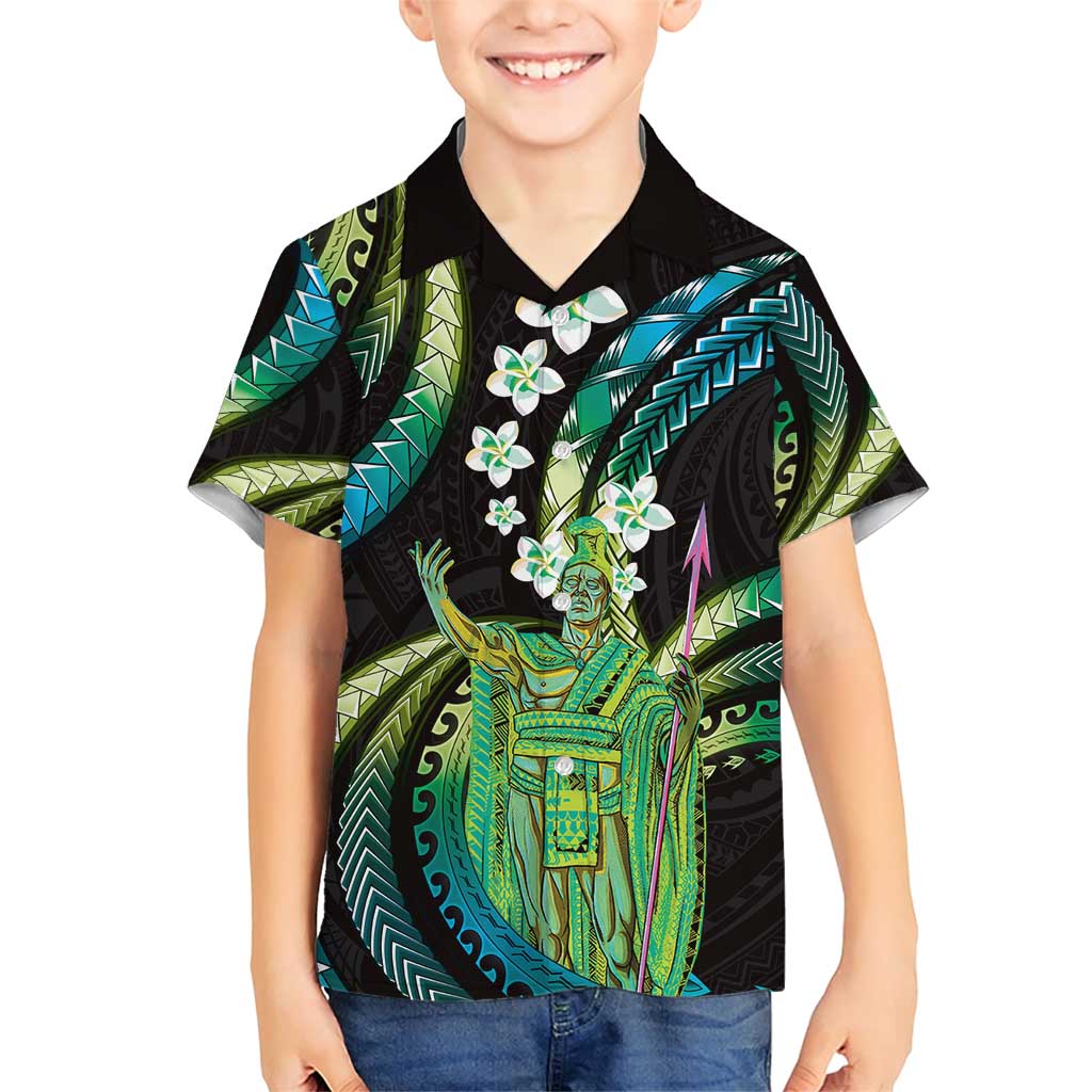 Hawaii King Kamehameha Family Matching Short Sleeve Bodycon Dress and Hawaiian Shirt Fantastic Plumeria Chartreuse Cyan