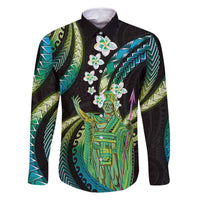 Hawaii King Kamehameha Family Matching Summer Maxi Dress and Hawaiian Shirt Fantastic Plumeria Chartreuse Cyan LT01 Dad's Shirt - Long Sleeve Cyan - Polynesian Pride
