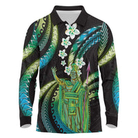 Hawaii King Kamehameha Long Sleeve Polo Shirt Fantastic Plumeria Chartreuse Cyan